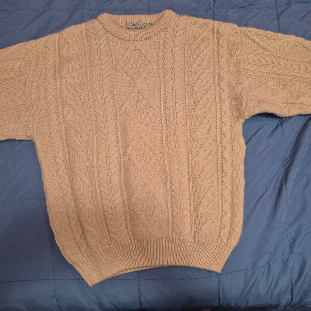 Quills Woolen Market Irish Handknit Pure Wool Crewneck Sweater White Size M